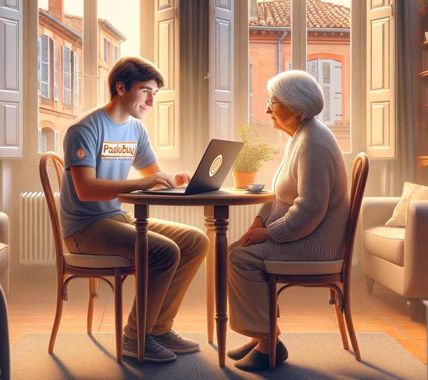 un formateur à domicile qui assiste une personne pour l'utilisation de sont ordinateur
