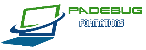 le logo padebug-formations un ordinateur avec un cercle autour